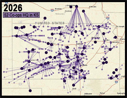 Kansas cooperative maps from 2016 through 2026 rotating gif